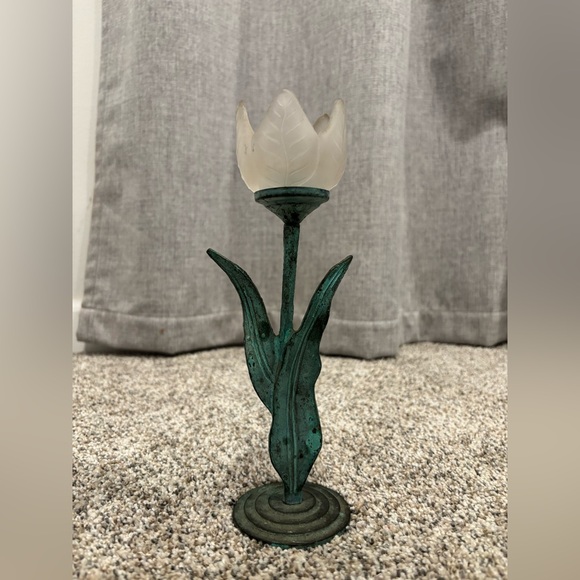 Vintage Tulip Candleholder Single Frosted Glass Flower, Green Metal Stem - Picture 4 of 12